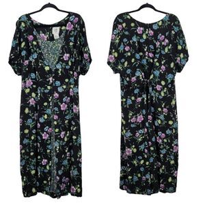 Vintage 80's Modest Black Floral‎ Maxi Dress Plus Size 24W Tie Back Cottagecore